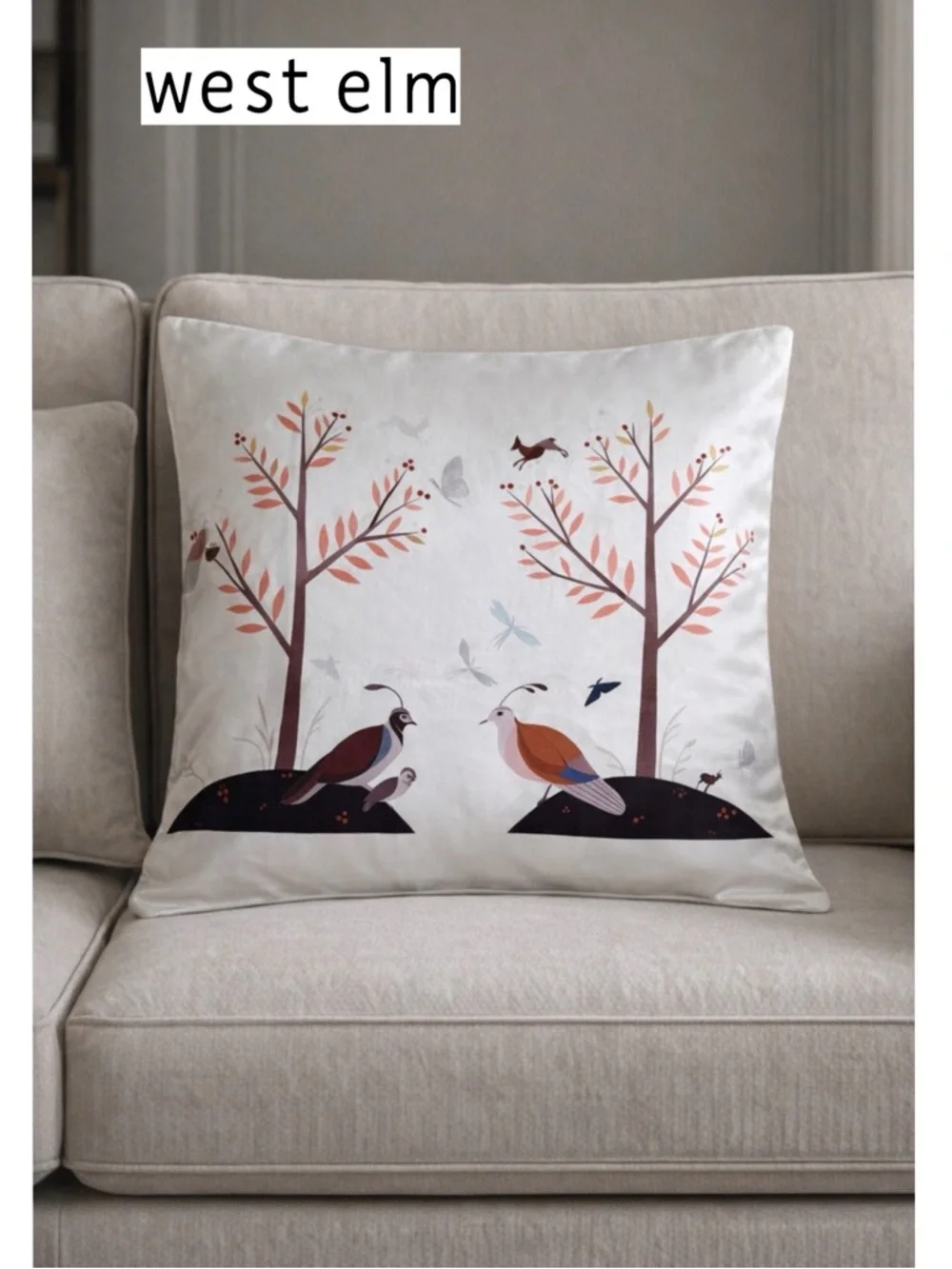 West Elm Silk Pillow Cover 20x20 Nature Print Bird Tree Minimalist Boho Decor